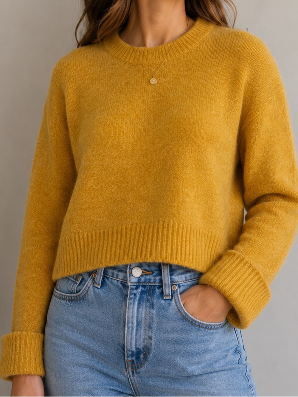 H&M Mustard Yellow Fuzzy Knit Sweater XS Soft Cropped Pullover
